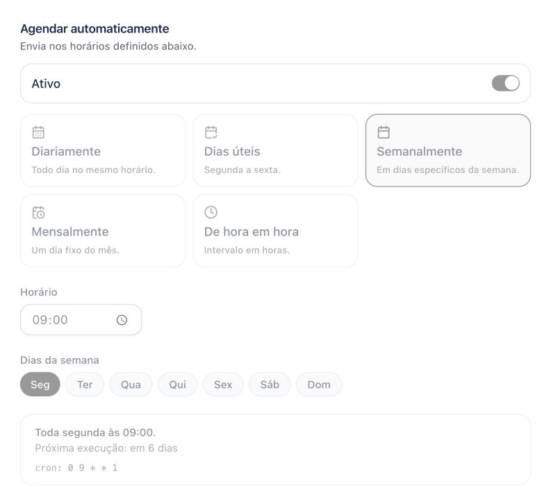 Passo Agendamento do editor de skill, com a recorrência semanal ativa para toda segunda às 9h.