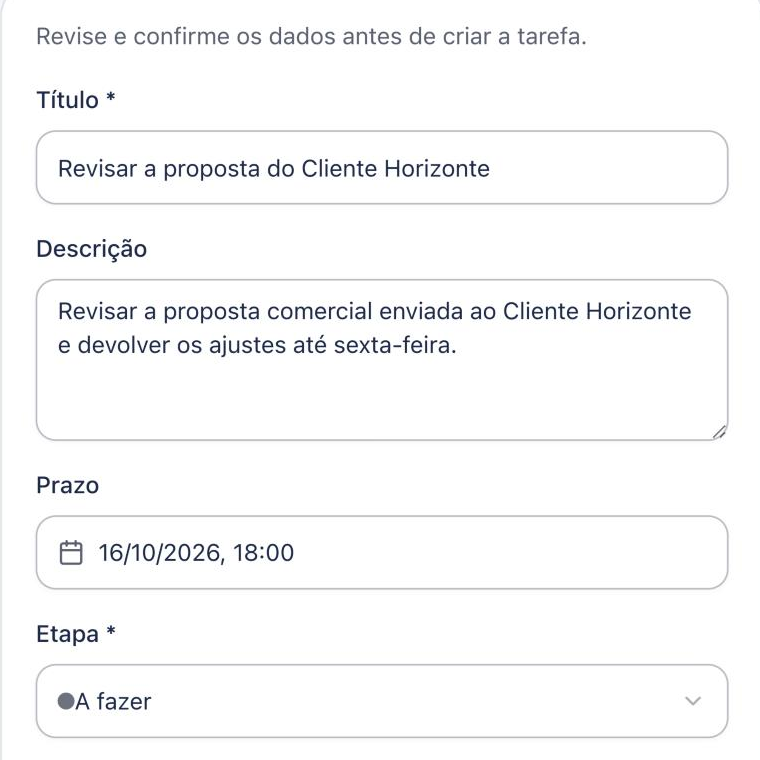 Formulário de confirmação na conversa, com título, descrição, prazo e etapa da tarefa preenchidos pelo Marvin.
