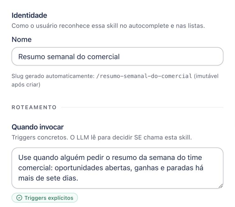 Editor de skill no passo Identidade, com o nome e o campo Quando invocar preenchidos.