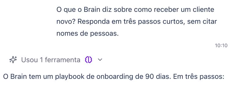 Conversa em que o Marvin consulta o Brain e responde com o processo de onboarding documentado pela empresa.