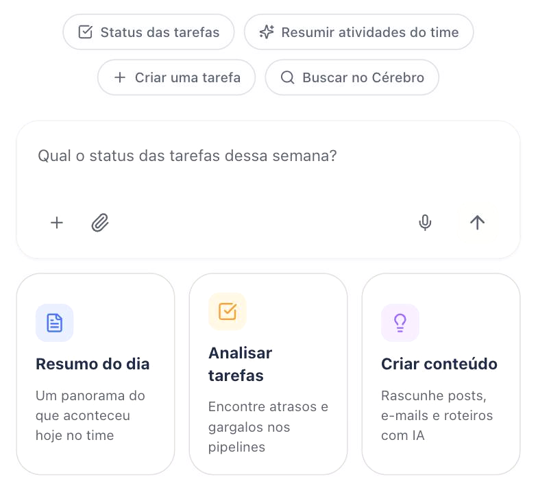 Tela inicial do Marvin, com o campo de mensagem e atalhos como Status das tarefas e Criar uma tarefa.