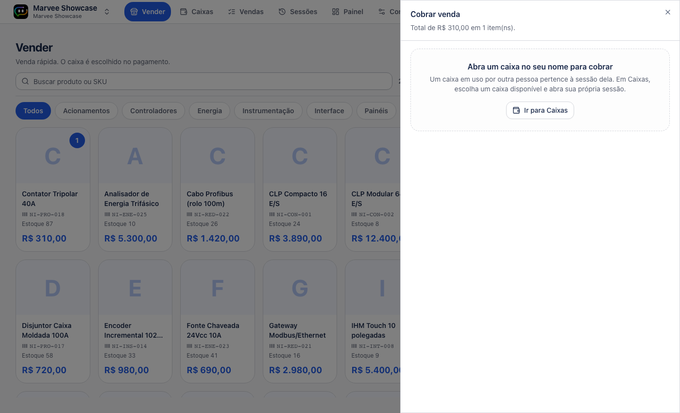 Painel Cobrar venda com o aviso Abra um caixa no seu nome para cobrar e o botão Ir para Caixas