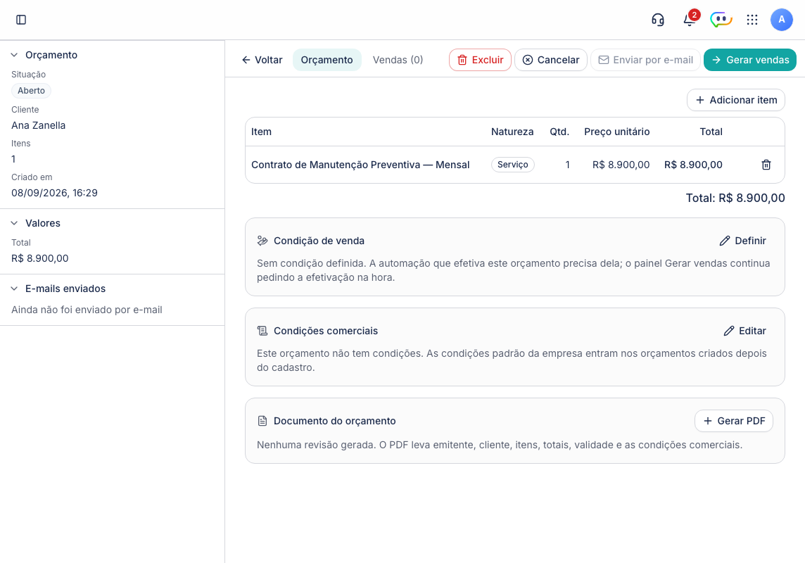 Orçamento aberto no Vendas, com a aba Orçamento mostrando os itens e o total, e os botões Enviar por e-mail e Gerar vendas no topo